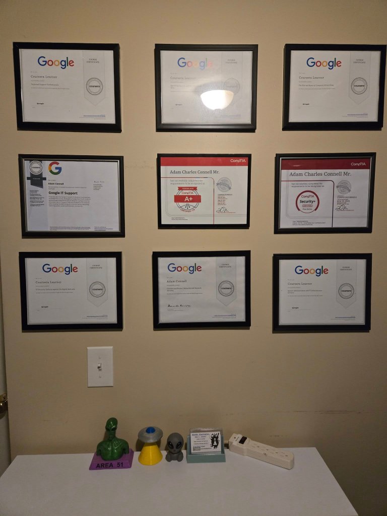 REVIVAL Electronics LLC credential wall — Google IT, CompTIA A+, CompTIA Security+