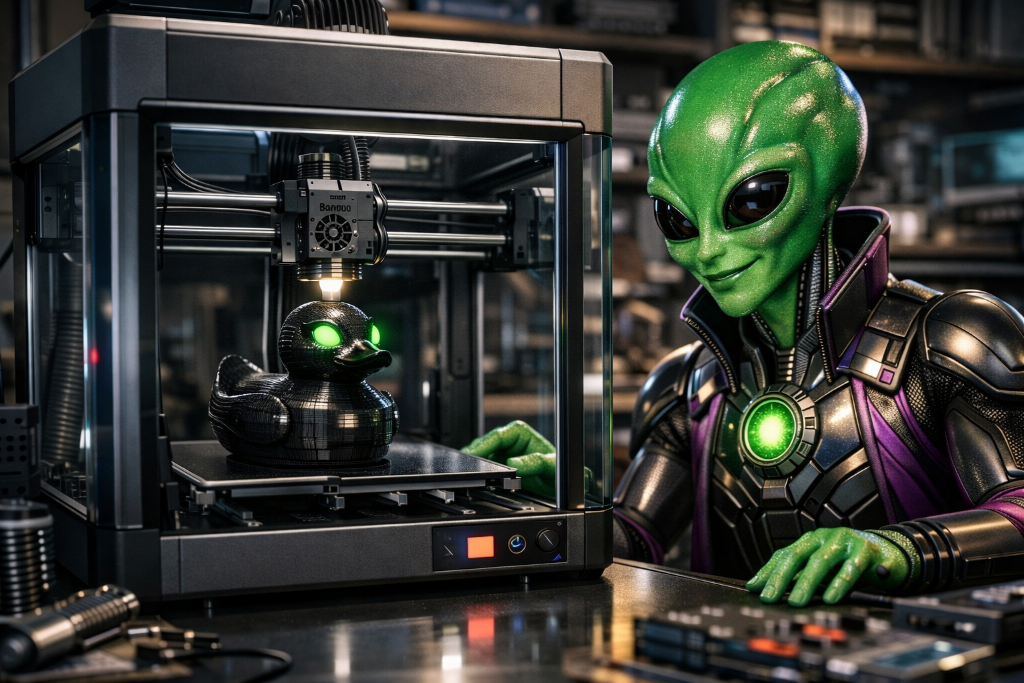 Green alien operating a Bambu 3D printer producing a glowing-eyed rubber duck — REVIVAL Electronics LLC