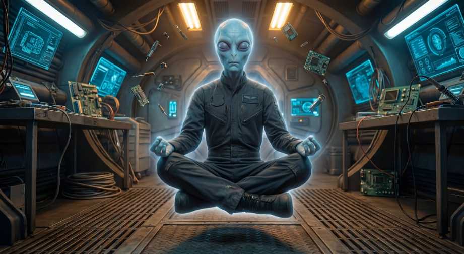Alien technician meditating in workshop — REVIVAL Electronics LLC