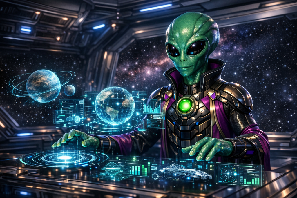 Green alien operator navigating a holographic Earth data interface aboard a starship — REVIVAL Electronics LLC