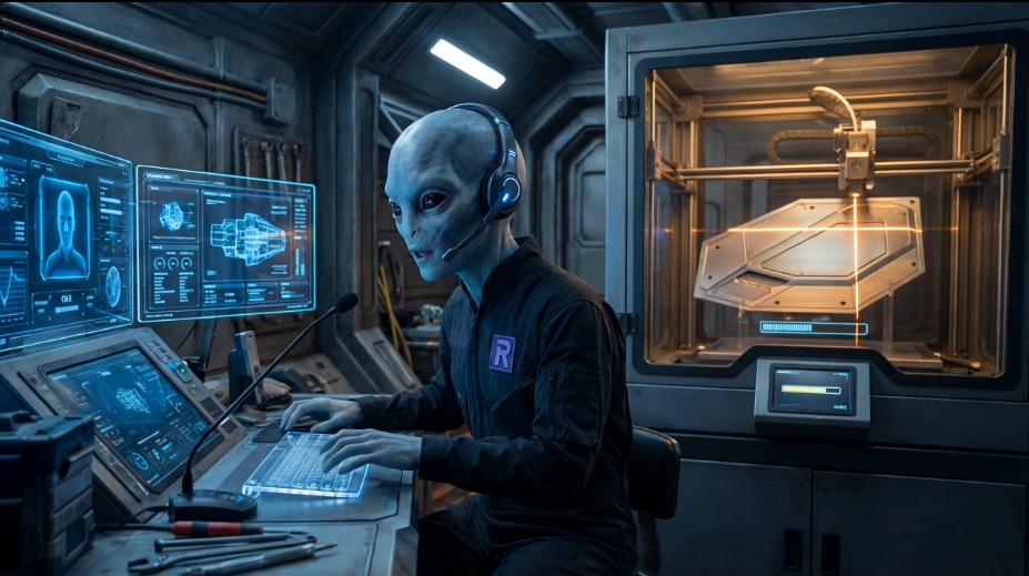 Alien technician at workstation — REVIVAL Electronics LLC