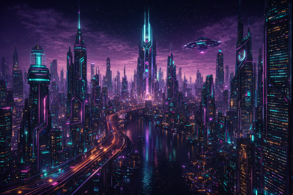 Futuristic neon cityscape — REVIVAL Electronics LLC