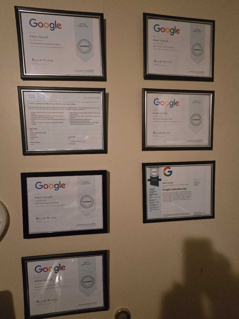 2nd Credentials Wall — Google & Cisco certificates (full wall view)
