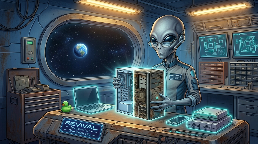 Grey alien technician in a REVIVAL Electronics LLC jumpsuit repairing a PC tower on a space-station workbench
