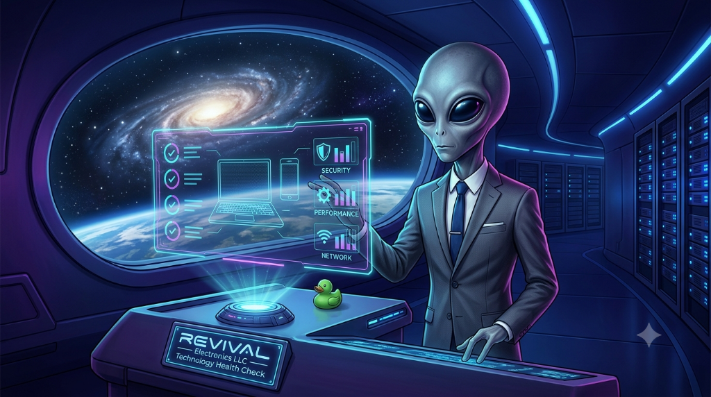 Grey alien in a business suit reviewing a Technology Health Check holographic console in a server room — REVIVAL Electronics LLC