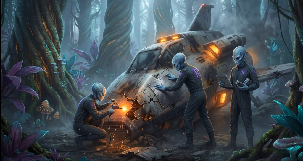 Alien technicians repairing spacecraft — REVIVAL Electronics