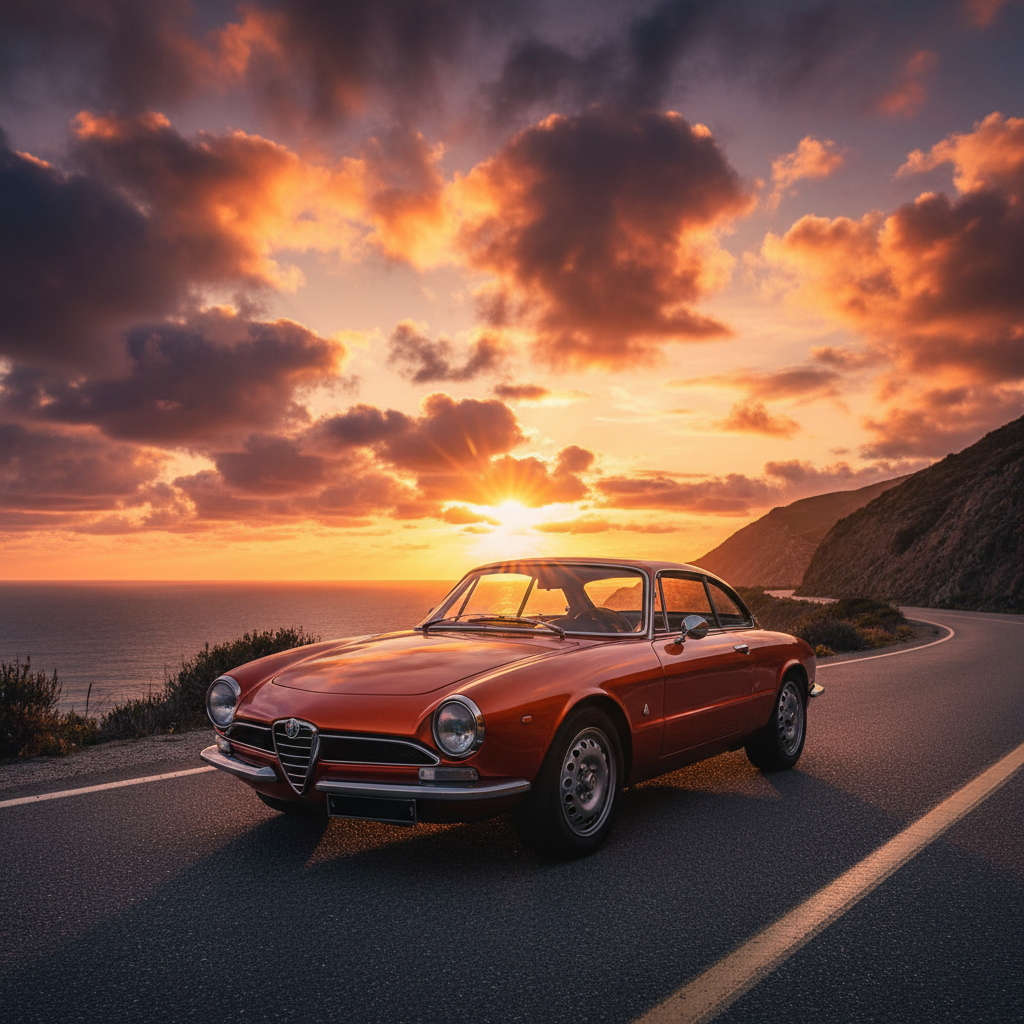 Orange cloudy sunset has made the metallic paint on my Alfa pop!…