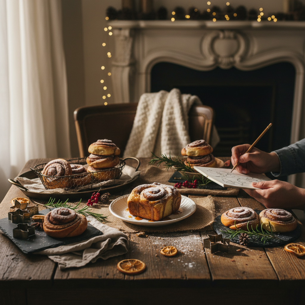 Working on ideas for staging for our Xmas cinnamon twirls, with a small loaf…