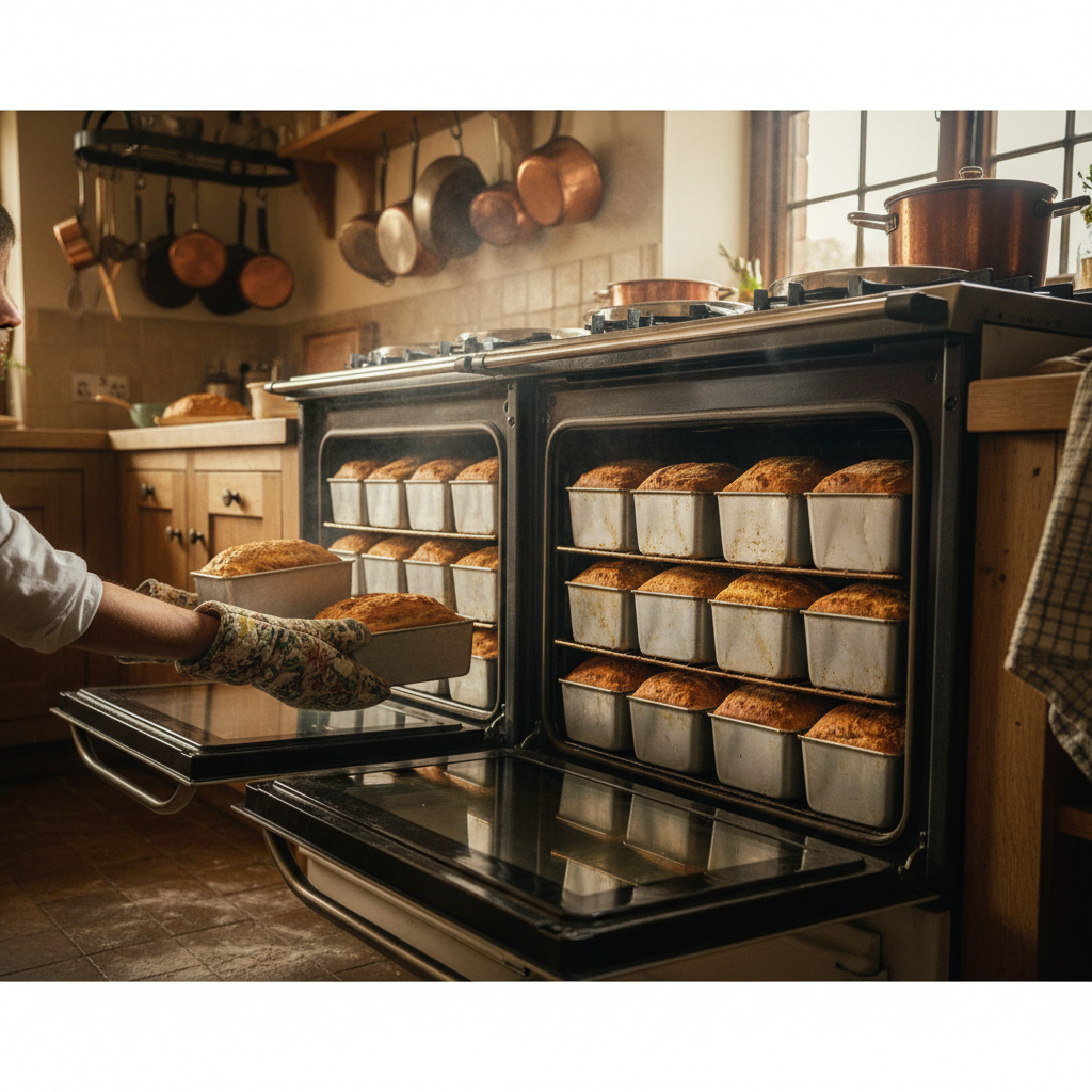 Who’d have thought you could get 24 1lb/420g bread tins in a domestic oven!…