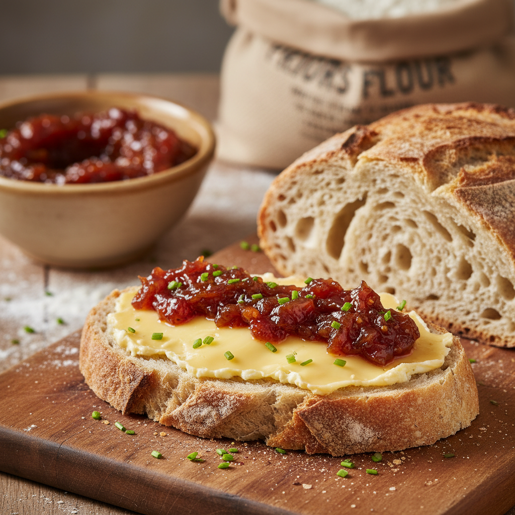 Cheese and @wonkyfoodco Tangy Onion relish on our bread using Priors Flour from…