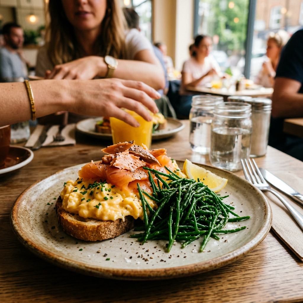 Bank holiday brunch, love Samphire with salmon and scrambled eggs with…