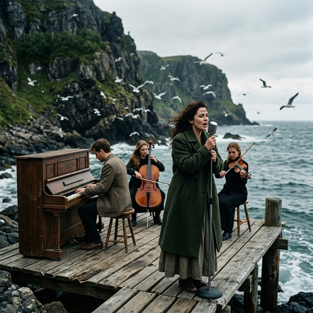 Piano and strings, female voice version of Landing where the Gulls Scream.