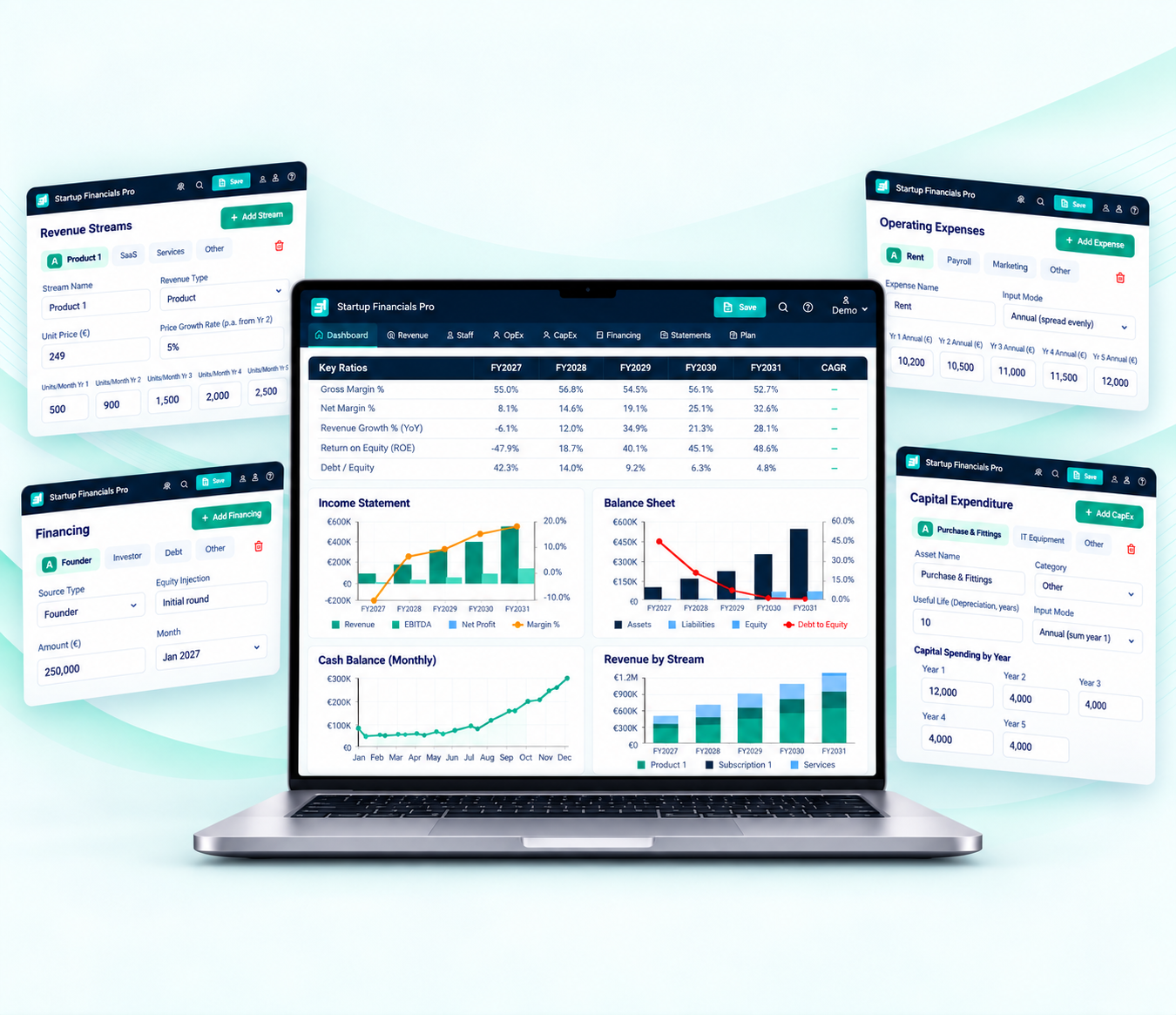 Startup Financials Pro dashboard with revenue, financing, operating expenses and capital expenditure inputs