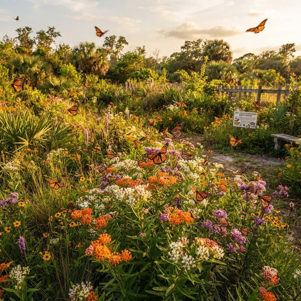 Pollinator garden full of blooming milkweed and monarch butterflies