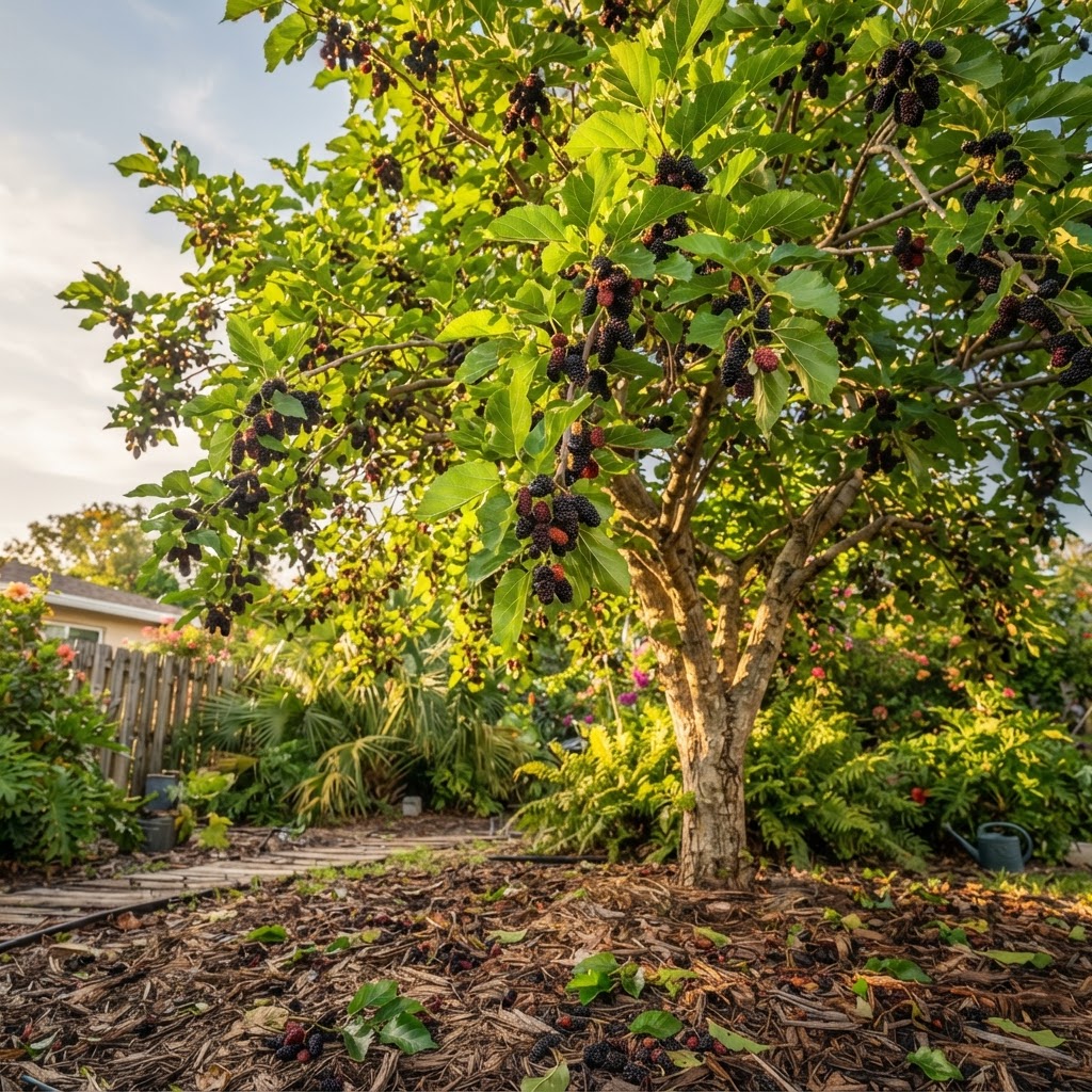 Lush mulberry tree laden with dark ripe fruit