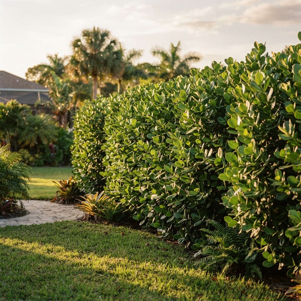 Dense glossy Clusia hedge in a southwest Florida yard