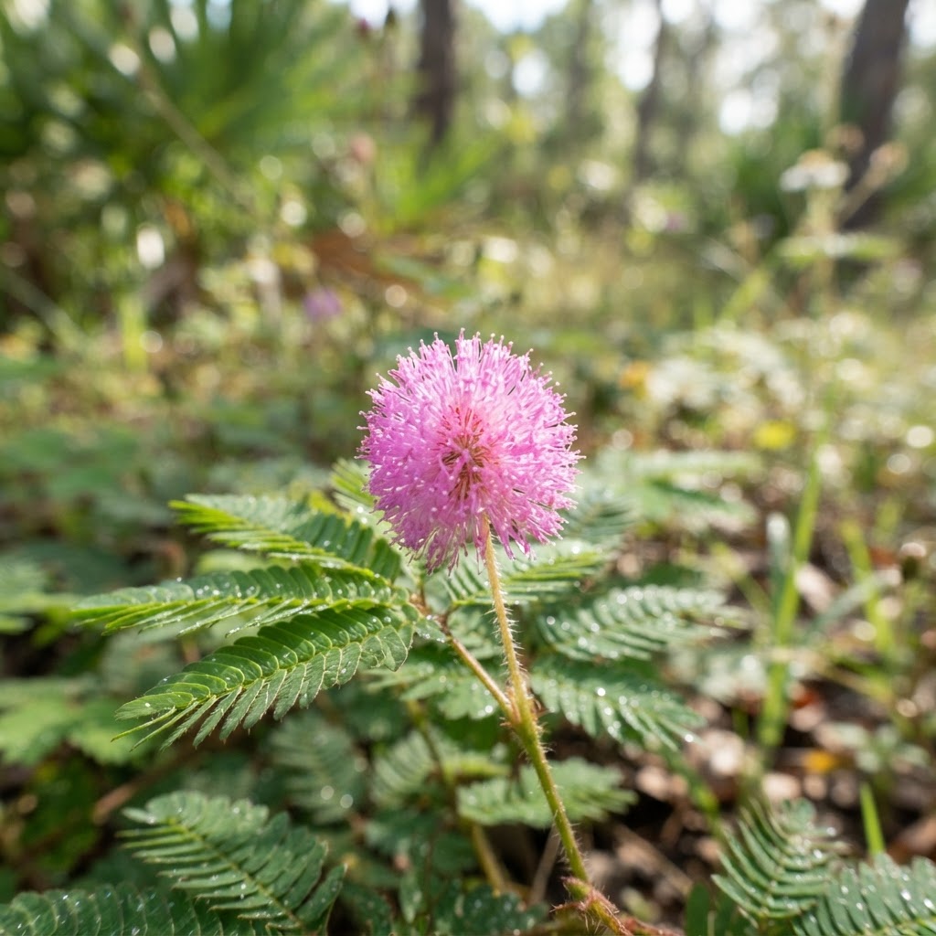 Close-up of a sunshine mimosa powder-puff flower