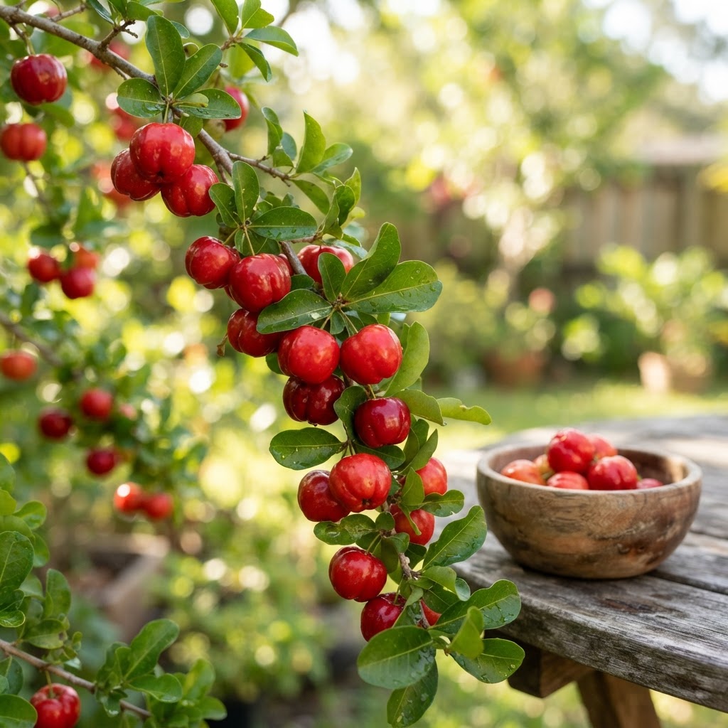 Ripe Barbados cherries on the branch