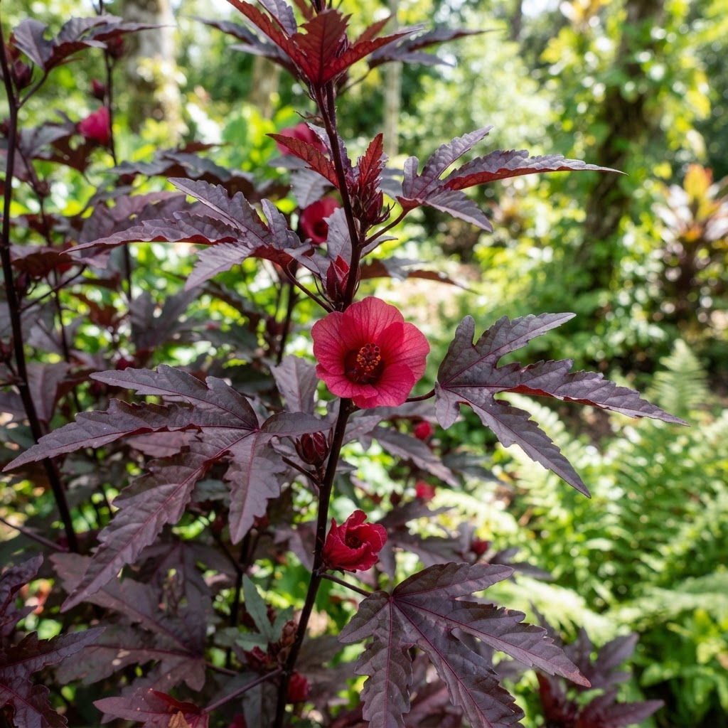 Cranberry hibiscus plant with deep burgundy palmate leaves