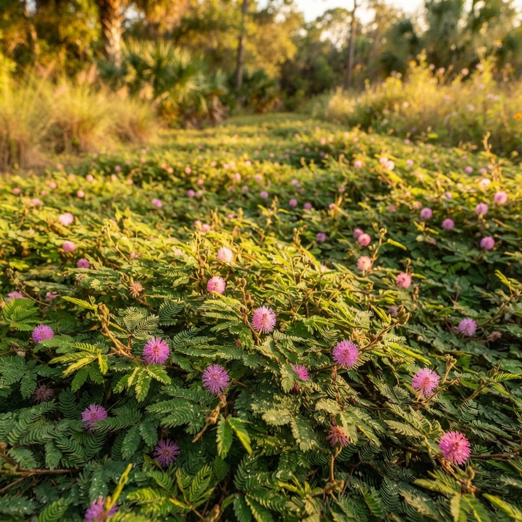 Sunshine mimosa groundcover dotted with pink powder-puff flowers