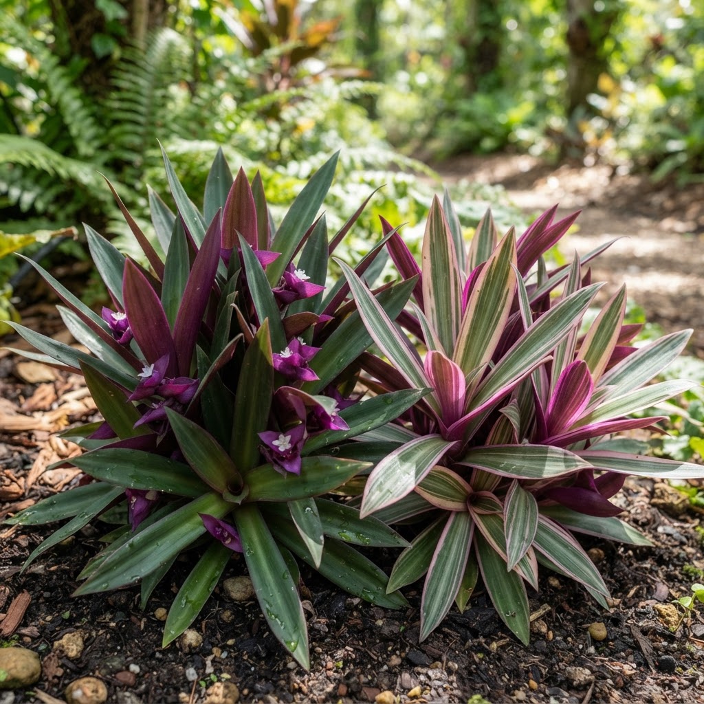Bi-color and tri-color Rhoeo plants side by side