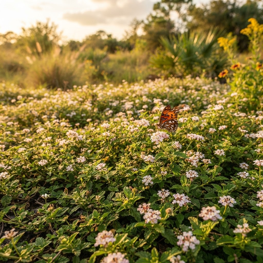 Frogfruit groundcover dotted with tiny white and pink flowers