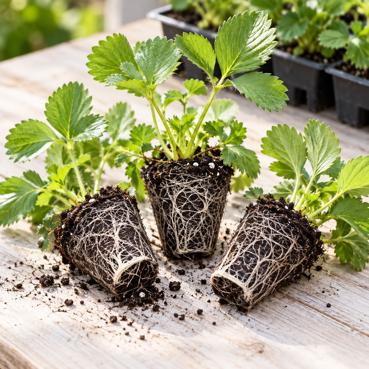 Three healthy strawberry plug transplants with white roots on weathered wood