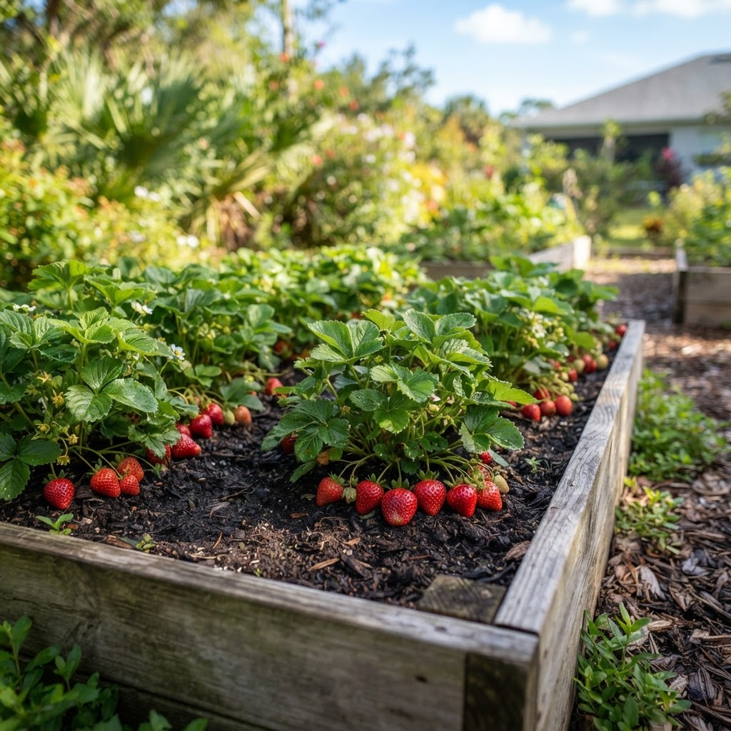 Strawberry plants growing in a raised garden bed