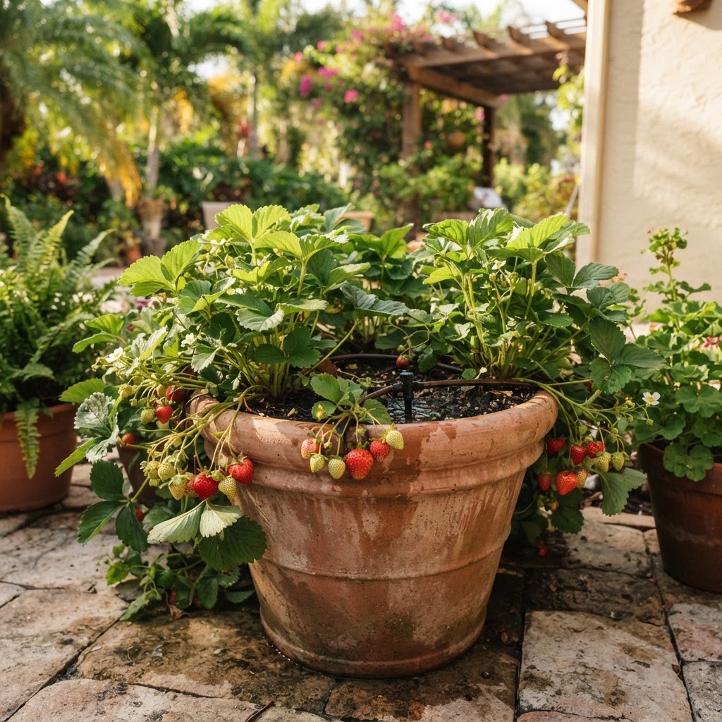 Strawberry plants growing in a container on a sunny patio