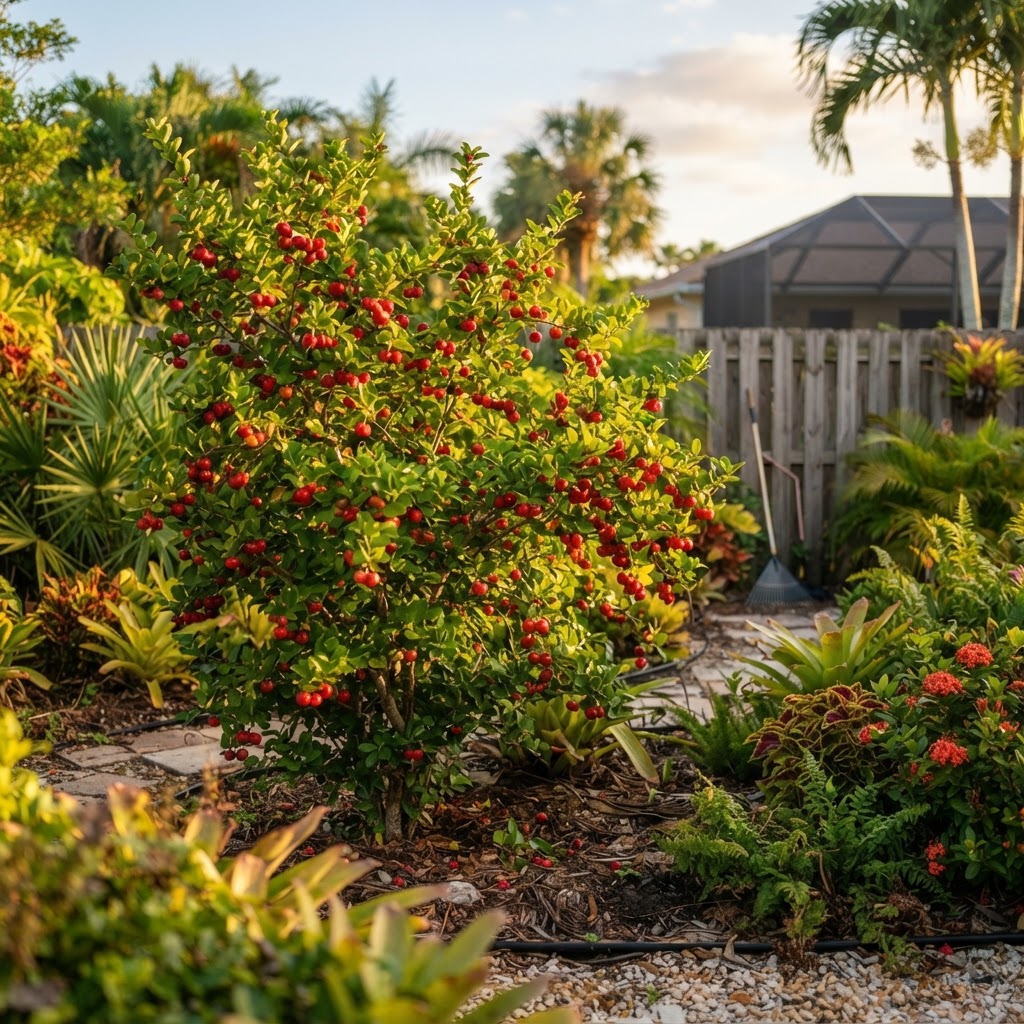 Barbados cherry shrub laden with bright red fruit