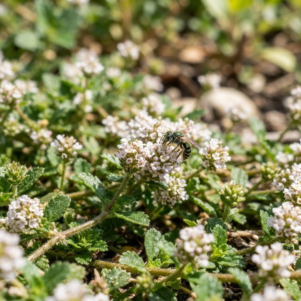 Close-up of frogfruit flowers with a visiting bee