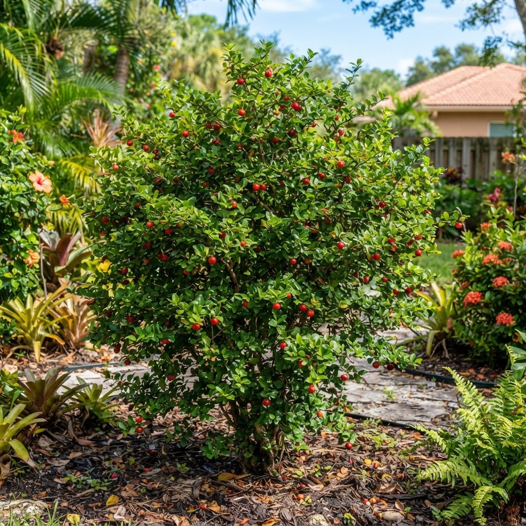 Mature Barbados cherry shrub in a Florida garden