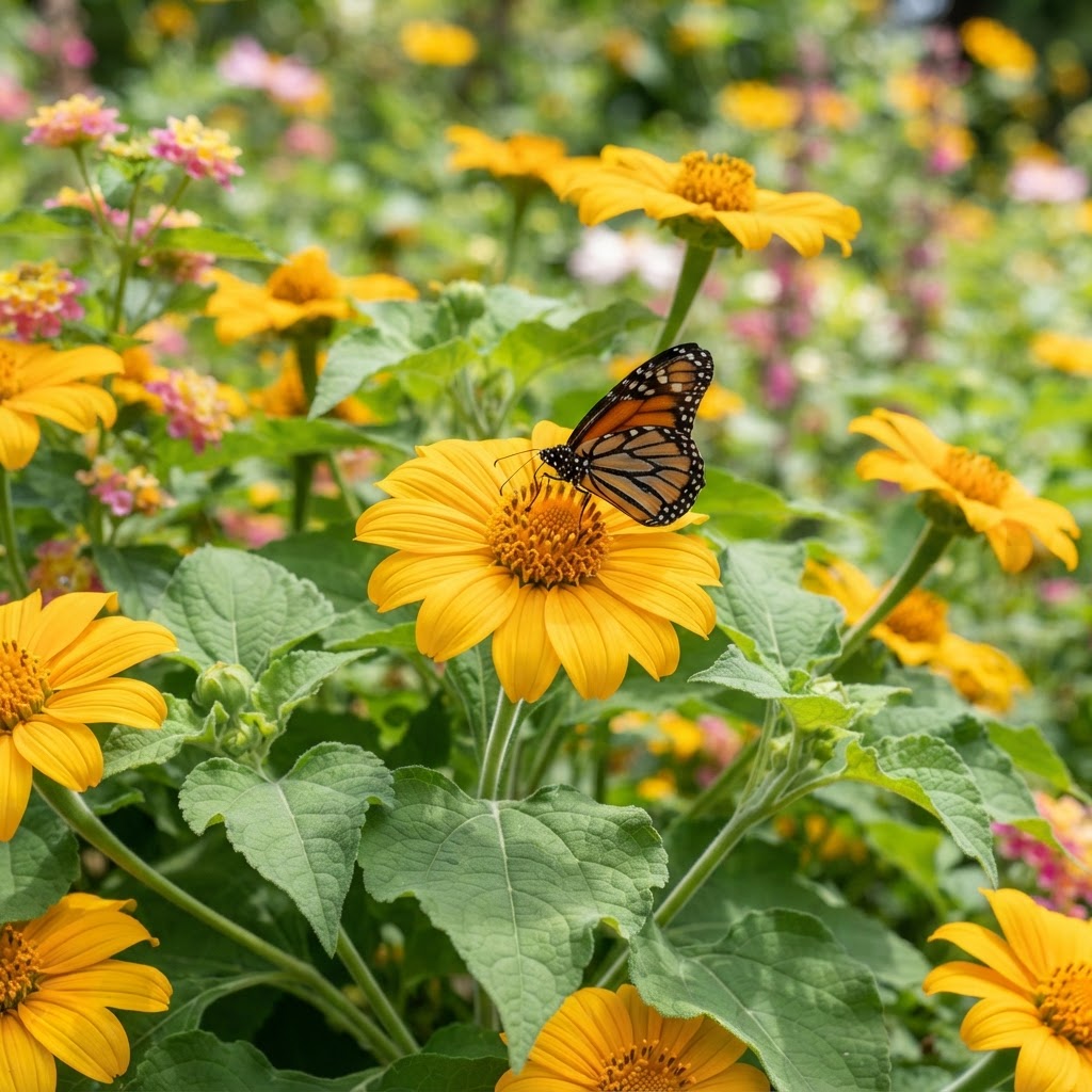 Mexican Sunflower in bloom with butterfly