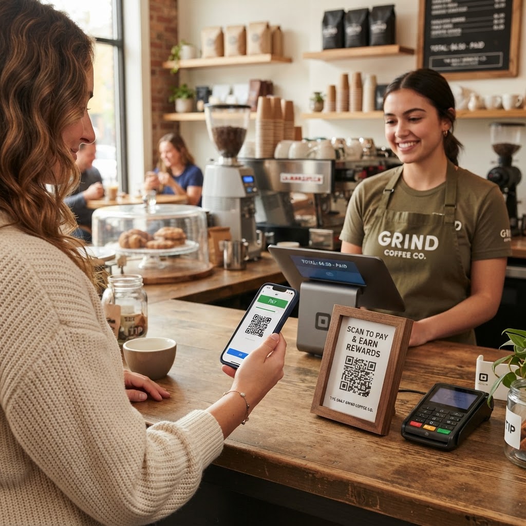 Customer scanning the FireLight QR code at the checkout counter