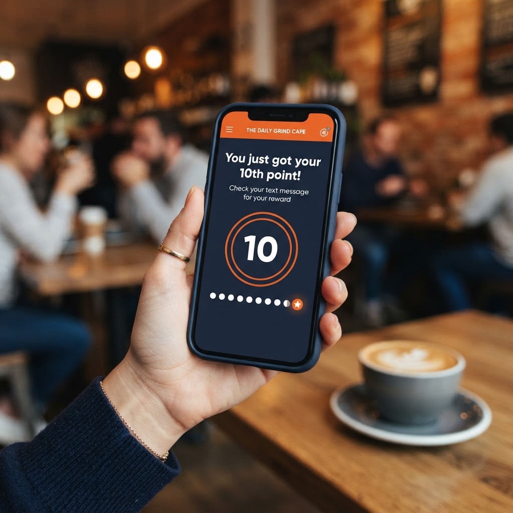 Phone showing the FireLight loyalty screen: you just got your 10th point, check your text message for your reward