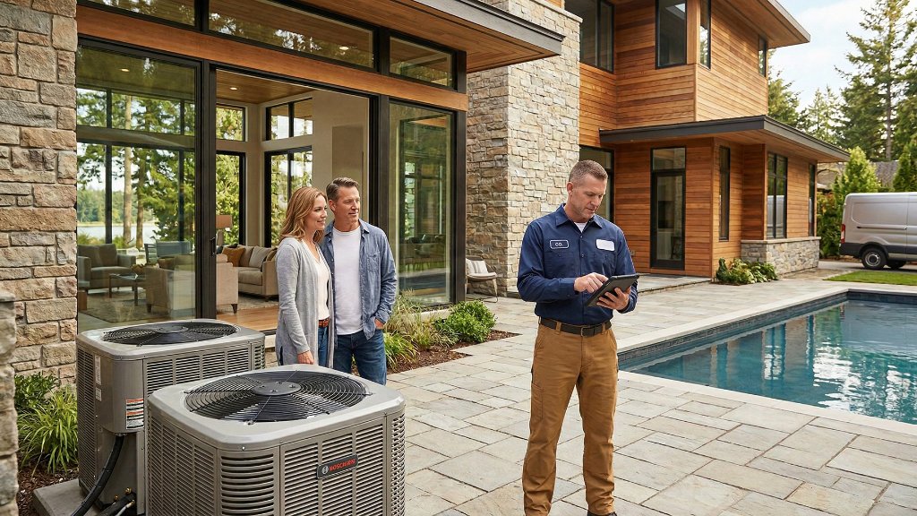 HVAC technician reviewing work on tablet with homeowners near poolside AC units