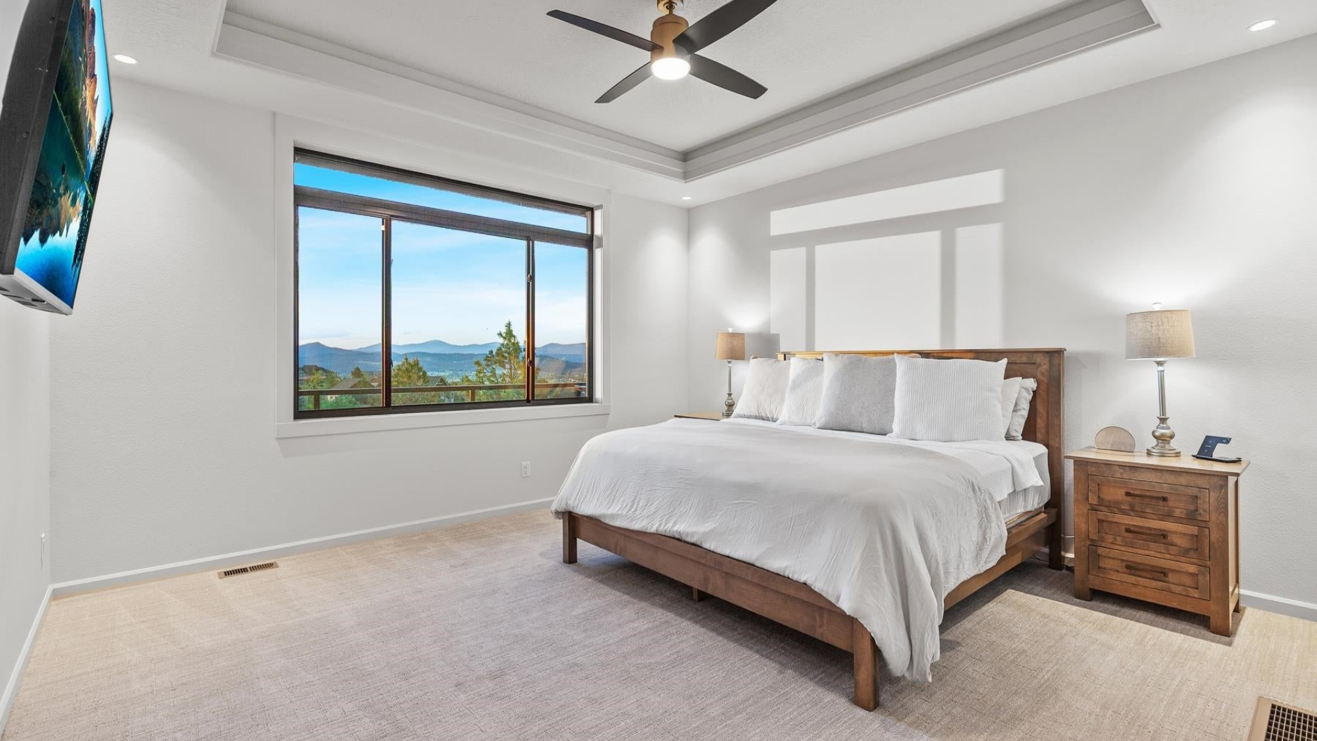 Primary Bedroom — Wood Frame & Hillside Views