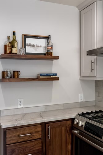 Kitchen — Open Walnut Shelves Styled