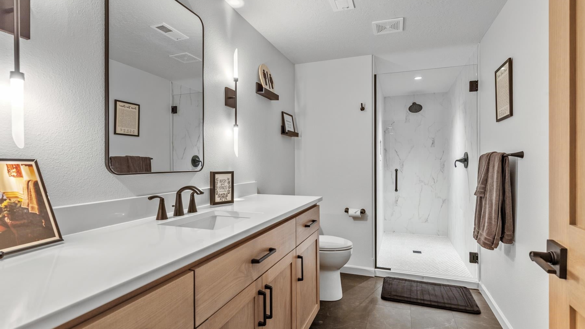 Bathroom — Floating Shelves & Glass Shower