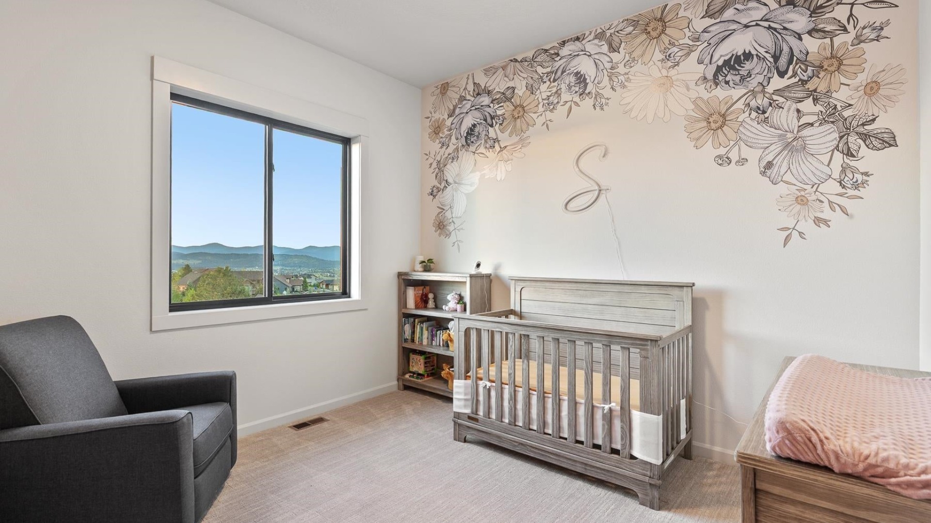 Nursery — Floral Mural & Neon Accent