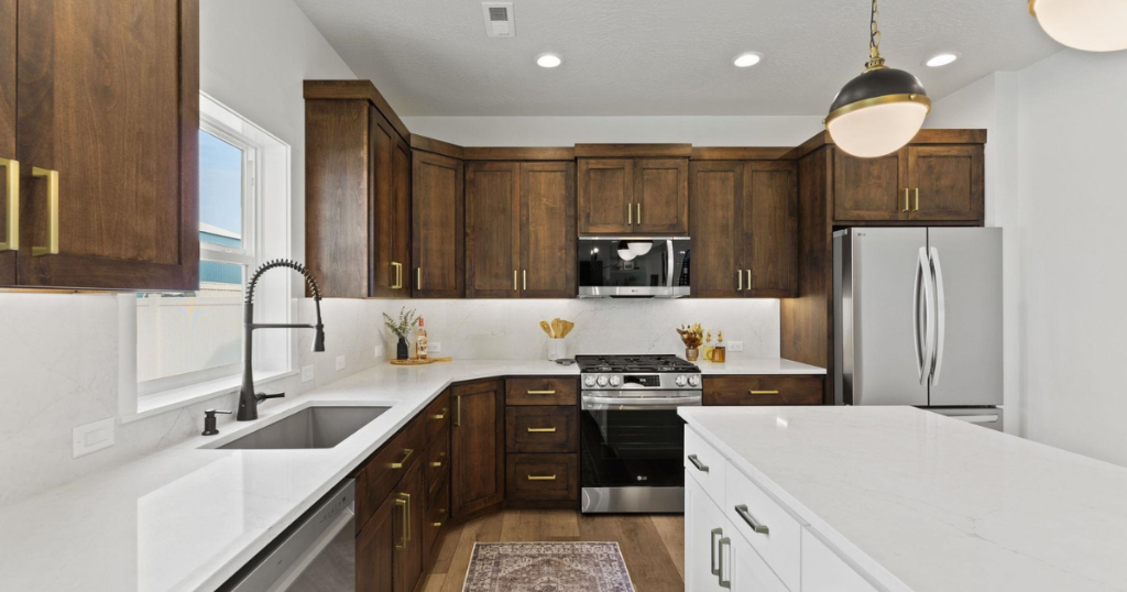 Kitchen — Quartz Counters & Gold Hardware