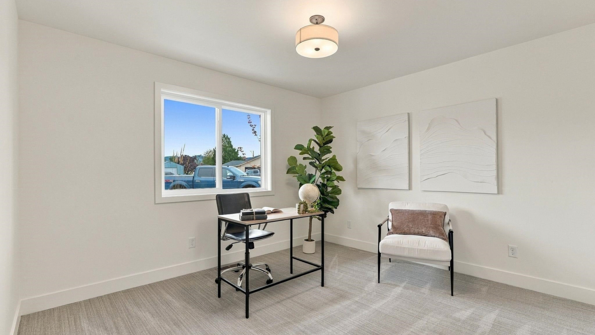 Office — Desk, Accent Chair & Fiddle Leaf Fig