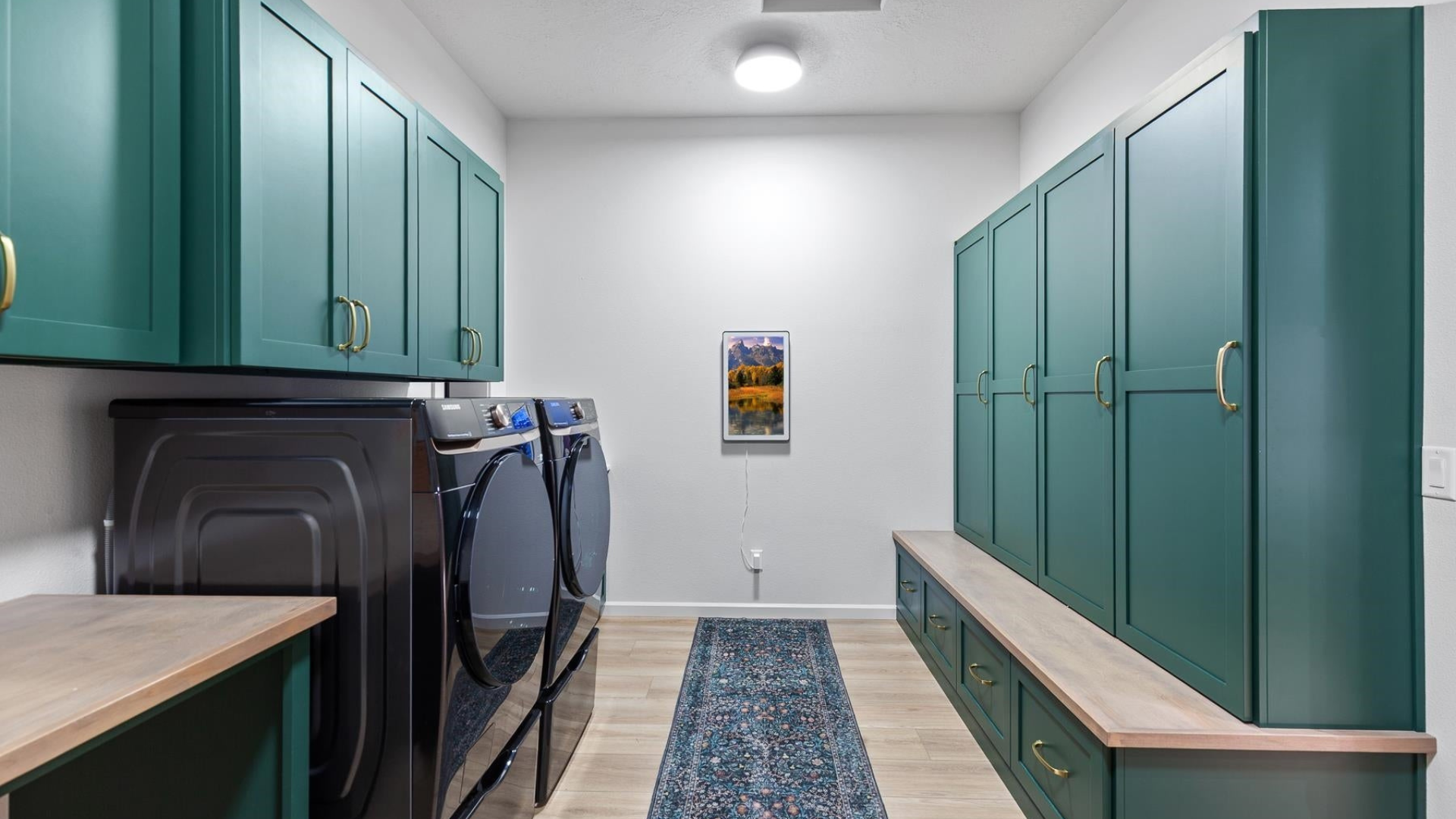 Laundry Room — Green Cabinetry & Brass Hardware