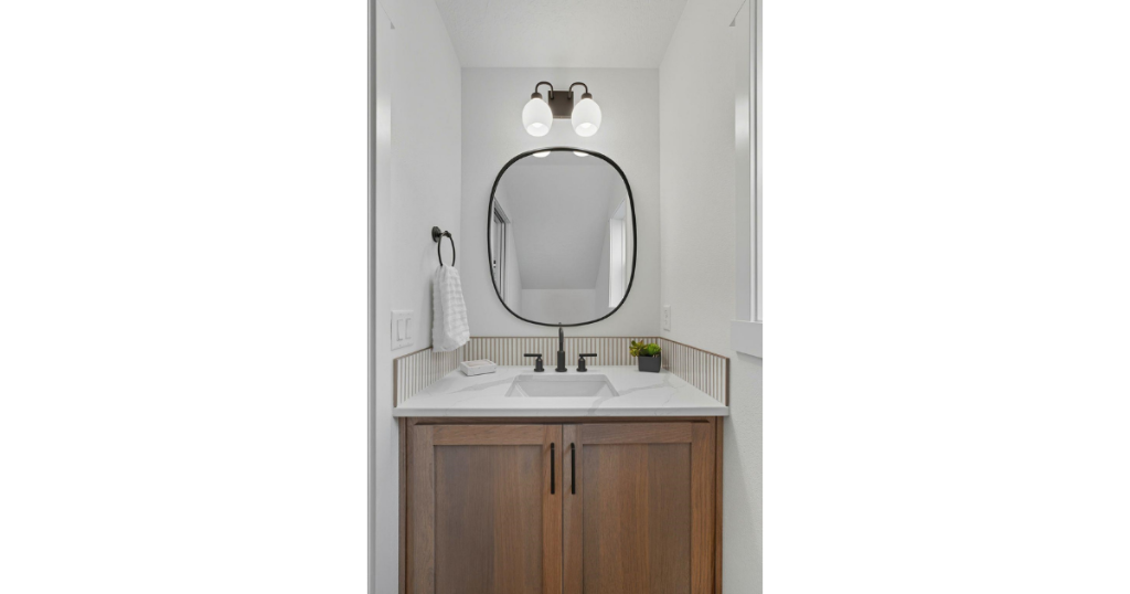 Powder Bath — Oval Mirror & Wood Vanity