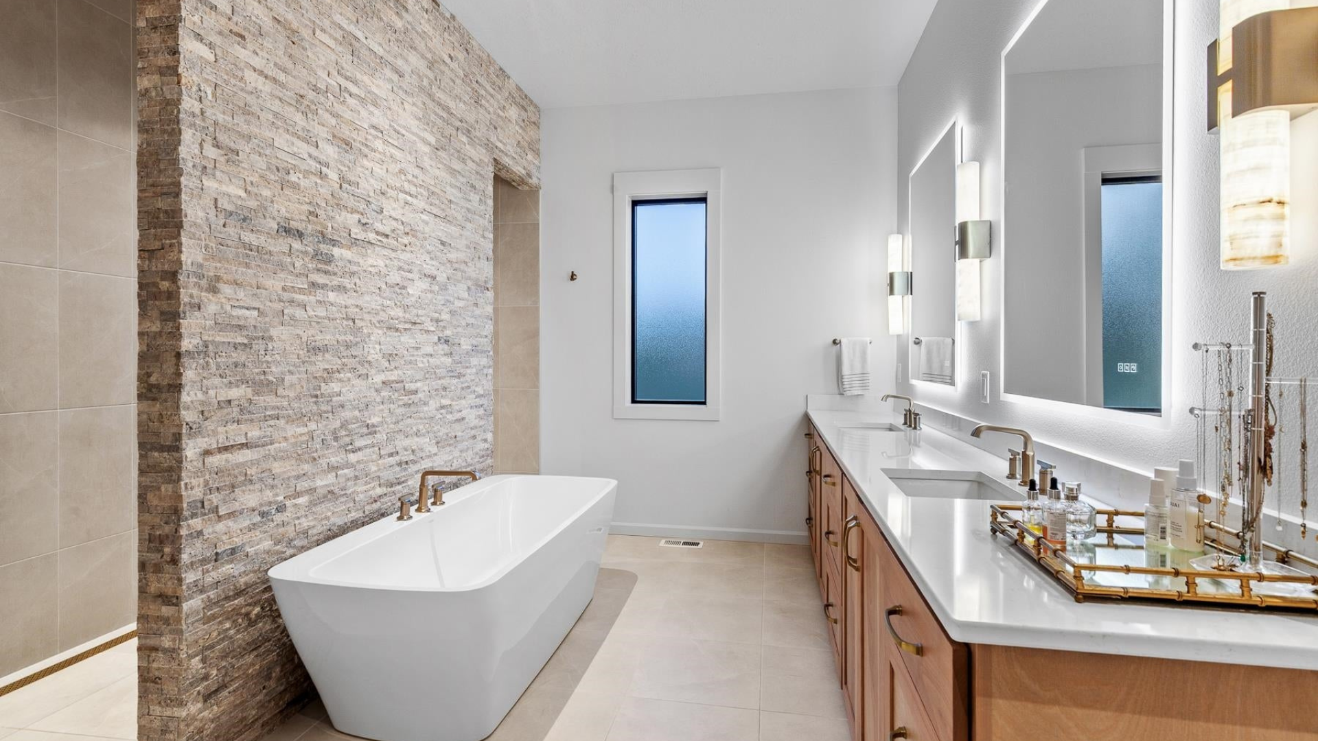 Primary Bath — Freestanding Tub & Stone Accent Wall