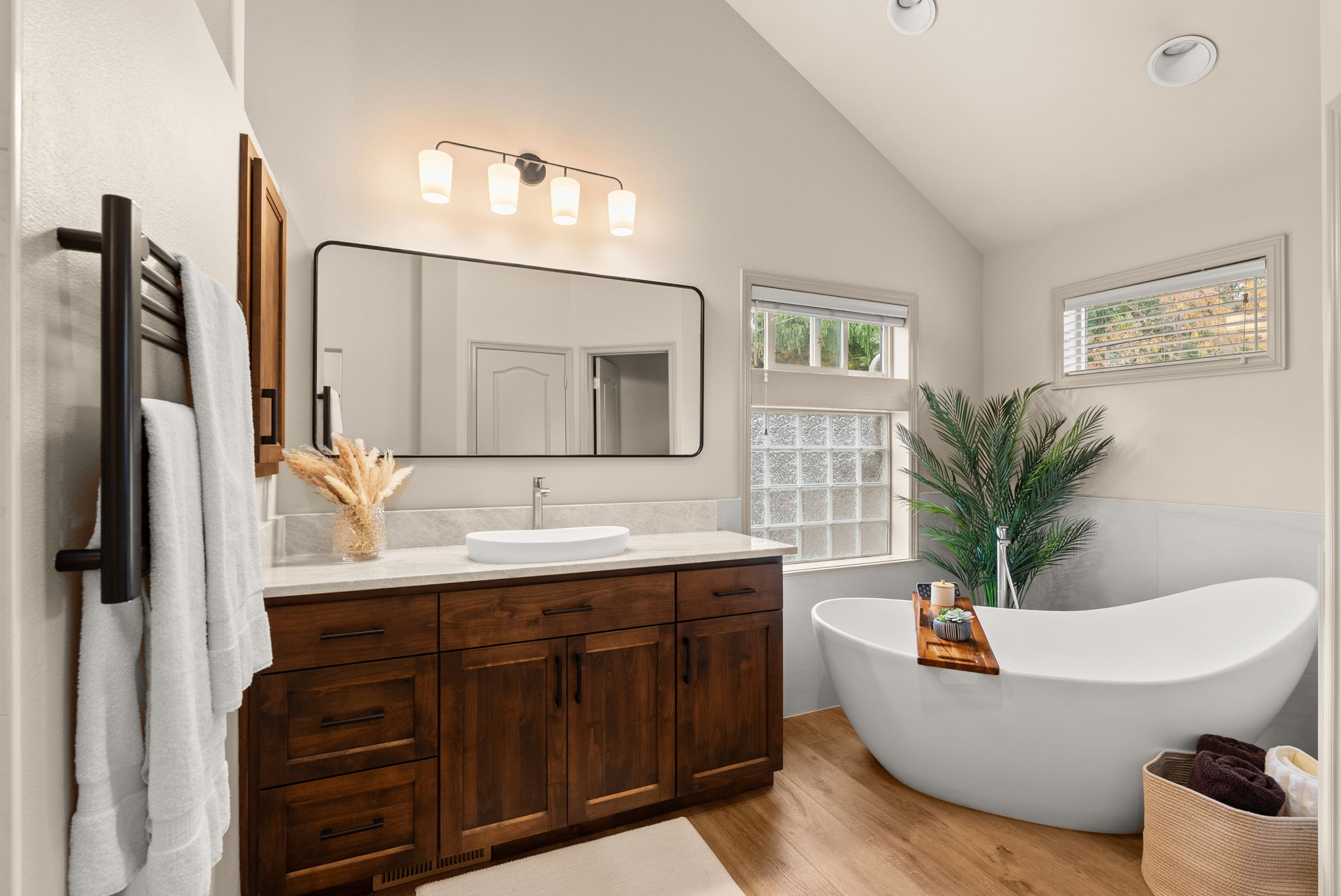 Walnut Vanity & Freestanding Soaking Tub
