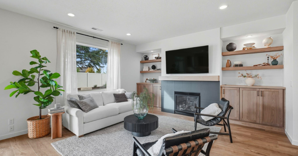 Living Room — Fireplace & Built-in Shelving