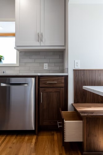 Kitchen — Walnut Lower Cabinets Open Drawer