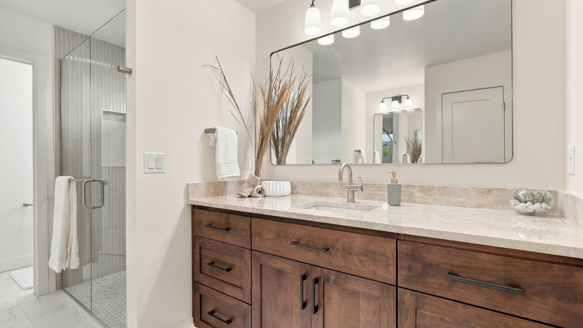 Primary Bath — Wood Vanity & Glass Shower