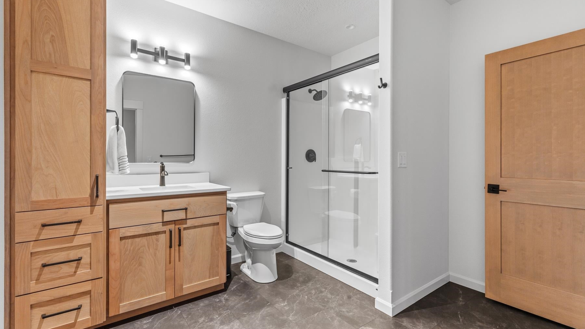 Bathroom — Wood Vanity & Walk-in Shower